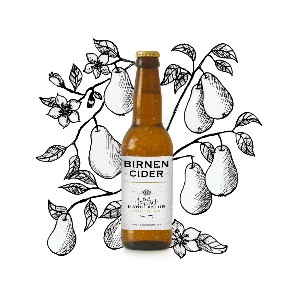 Etikettendesign und Illustration, Schlossmanufaktur Birnen-Cider